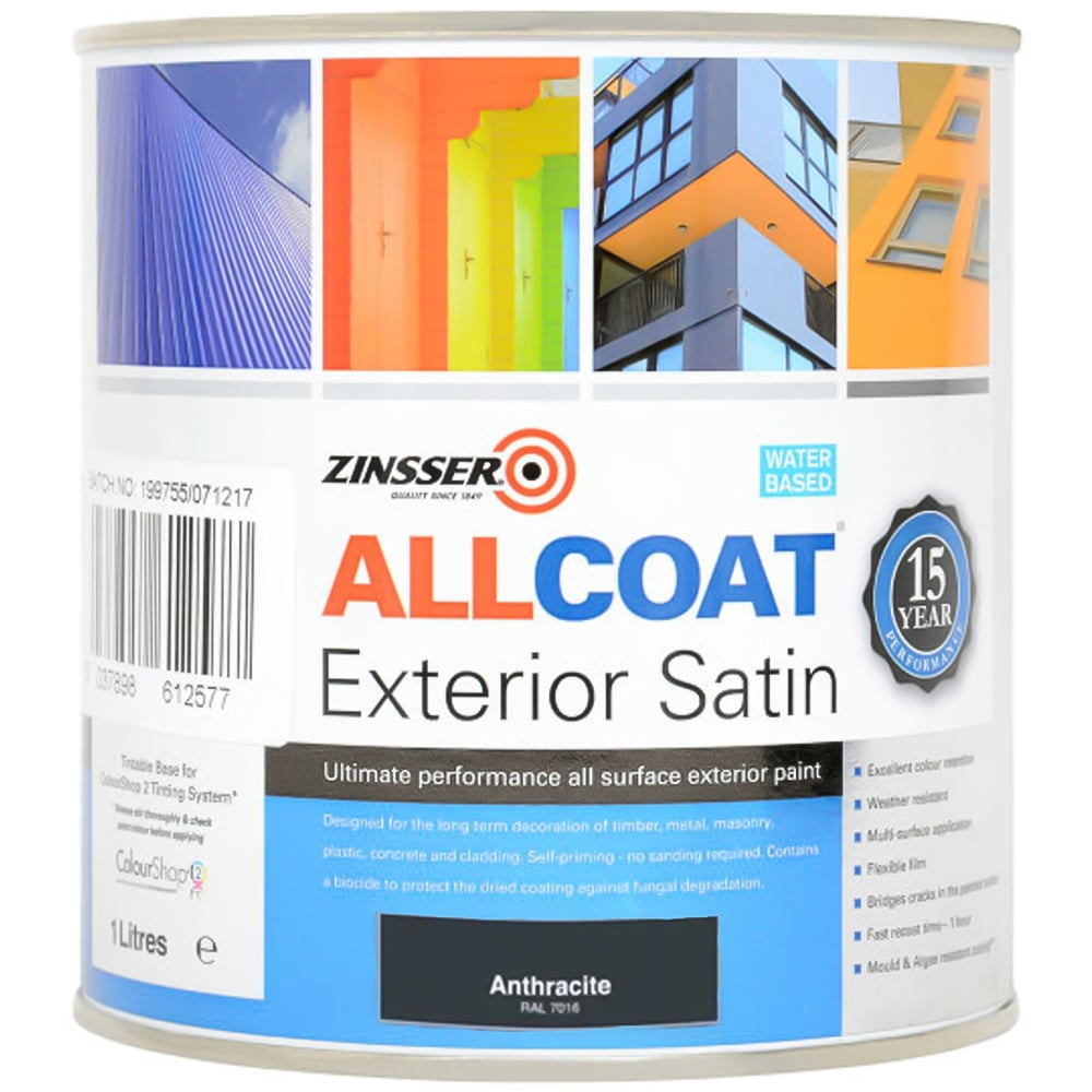 Zinsser Allcoat Anthracite Water Based Exterior Satin Paint 1L Image 2