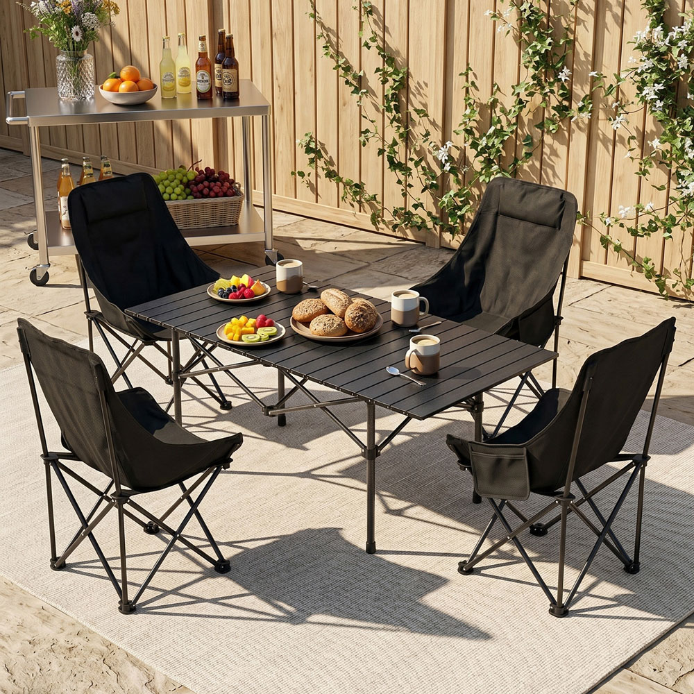 Living and Home 4 Seater Black Foldable High Back Camping Table and Chair Set Image 2