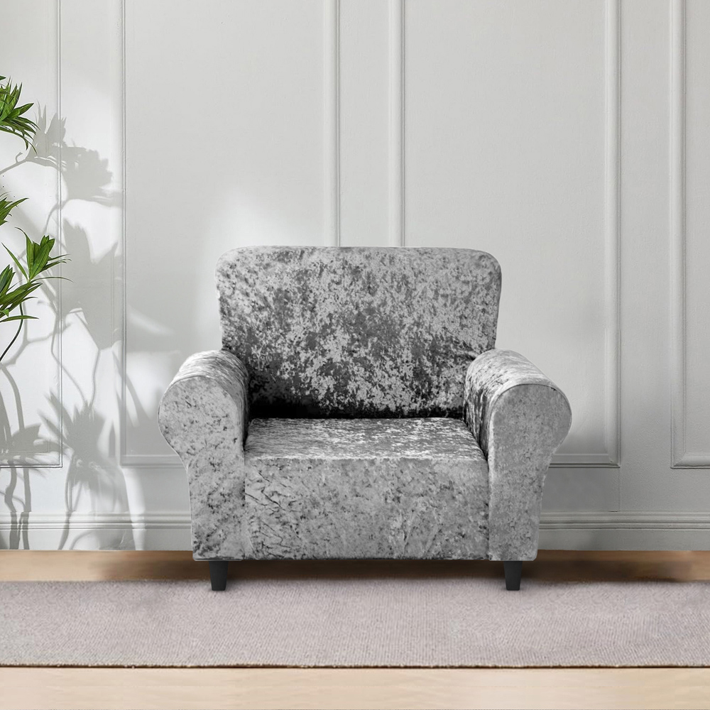 Homerepublic Single Seater Silver Crushed Velvet Stretch Fit Sofa Cover Image 2