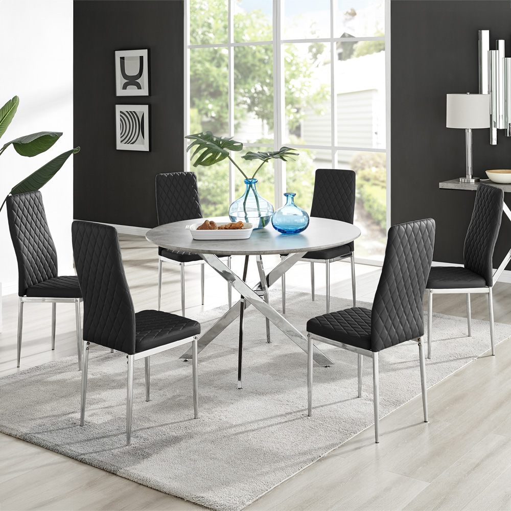 Furniturebox Arona Valera Concrete Effect 6 Seater Round Dining Set Grey Black and Chrome Image 1
