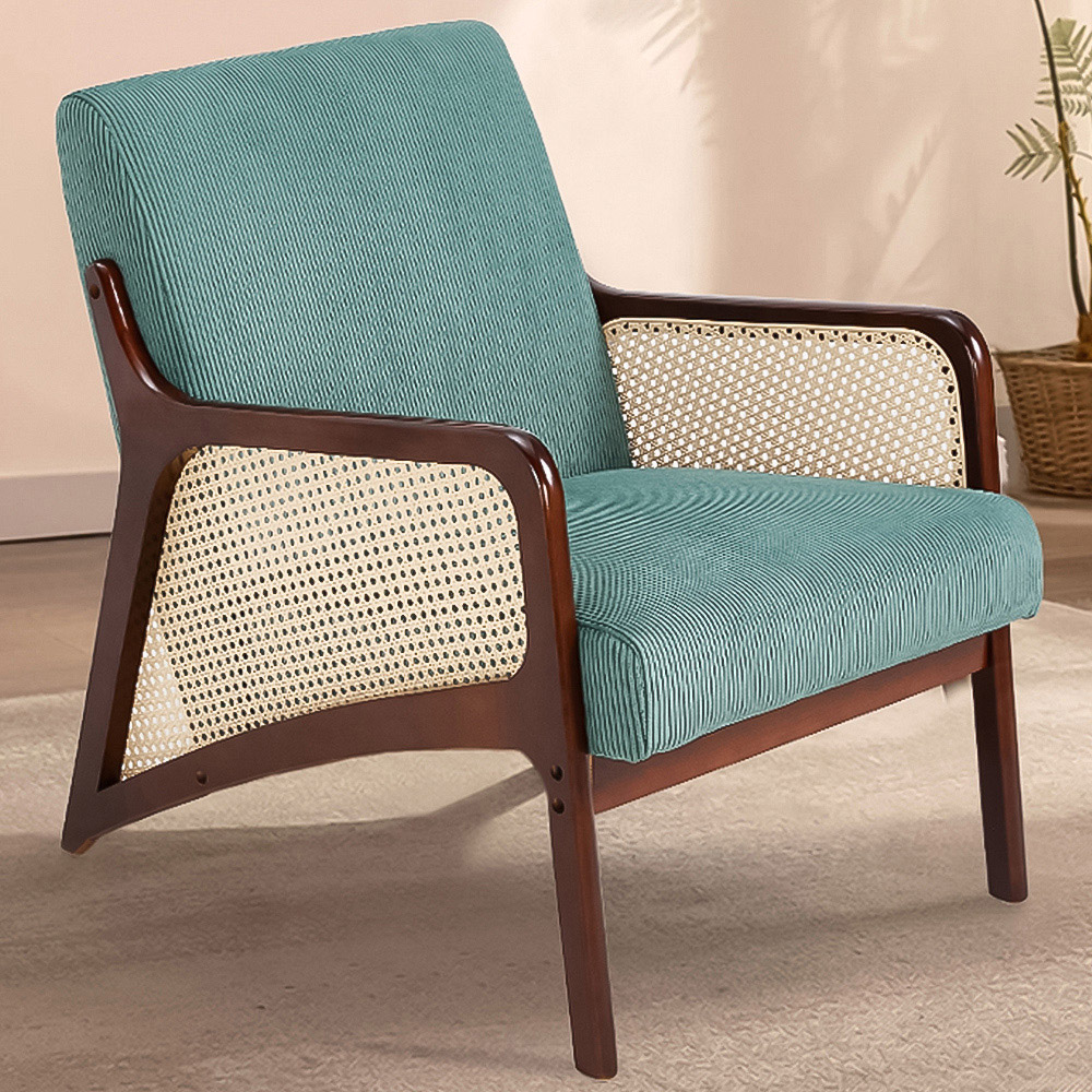 Living and Home Green Corduroy Armchair with Rattan Armrest Image 1