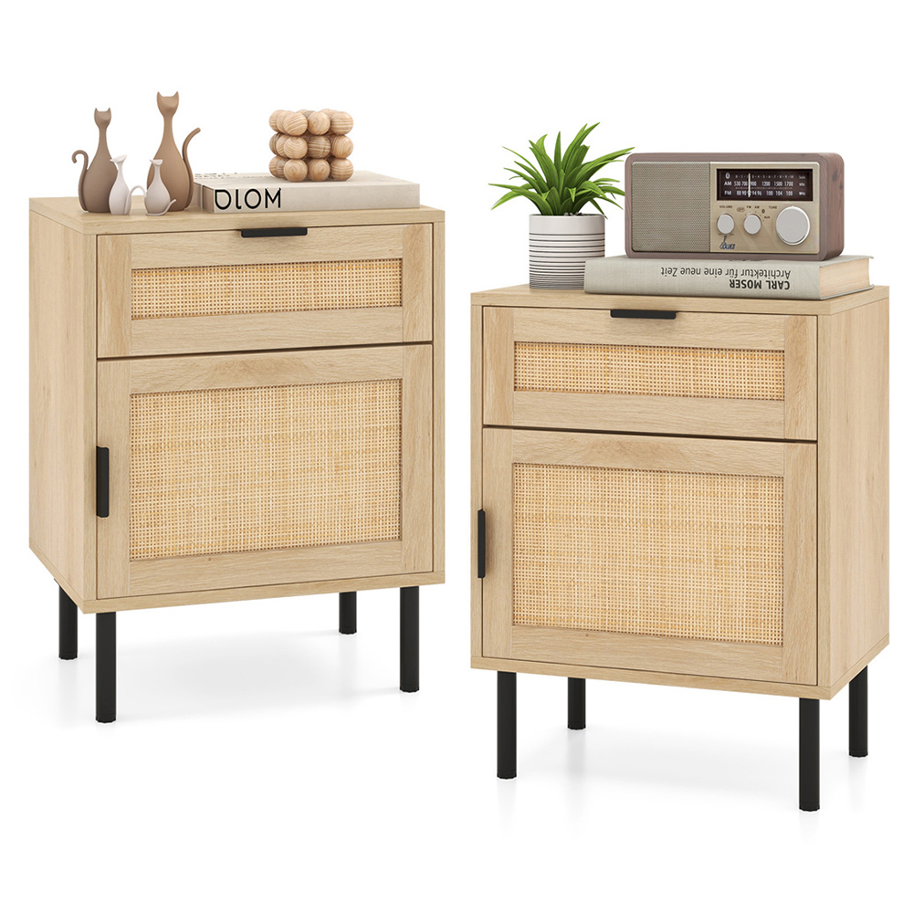 Costway Single Door Single Drawer Natural Rattan Nightstand Set of 2 Image 2