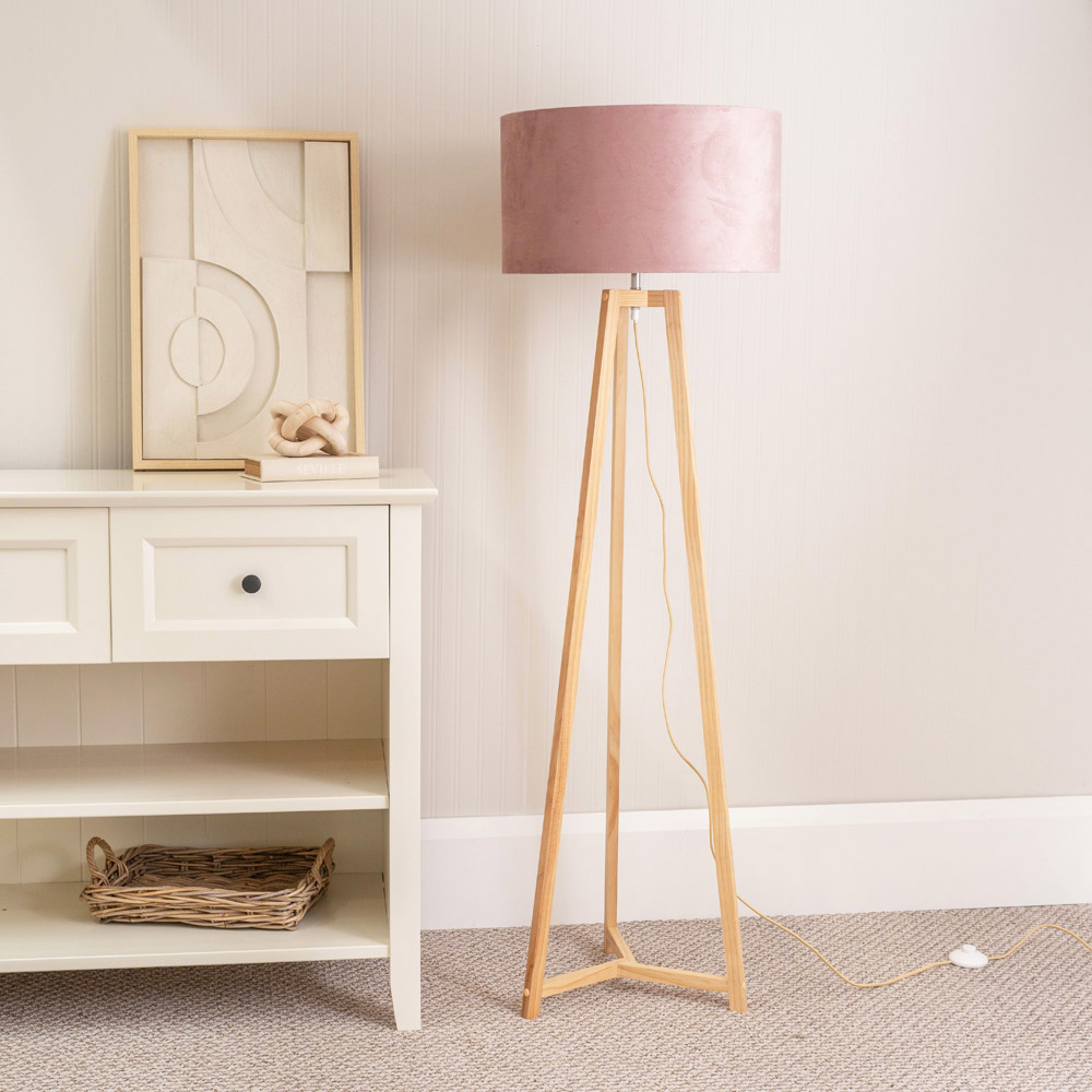 ValueLights Lottie Blush Pink Velvet Drum Shade Natural Wood Tripod LED Floor Lamp Image 3