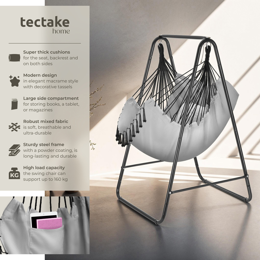 tectake Alison Grey Swing Chair with 3 Thick Pillows 160kg Image 6