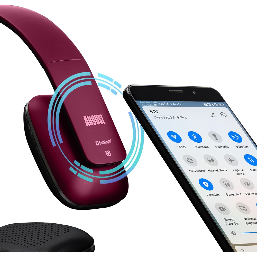 August EP636R Red Wireless Rechargeable On-Ear NFC Bluetooth Headphones with Mic Image 4
