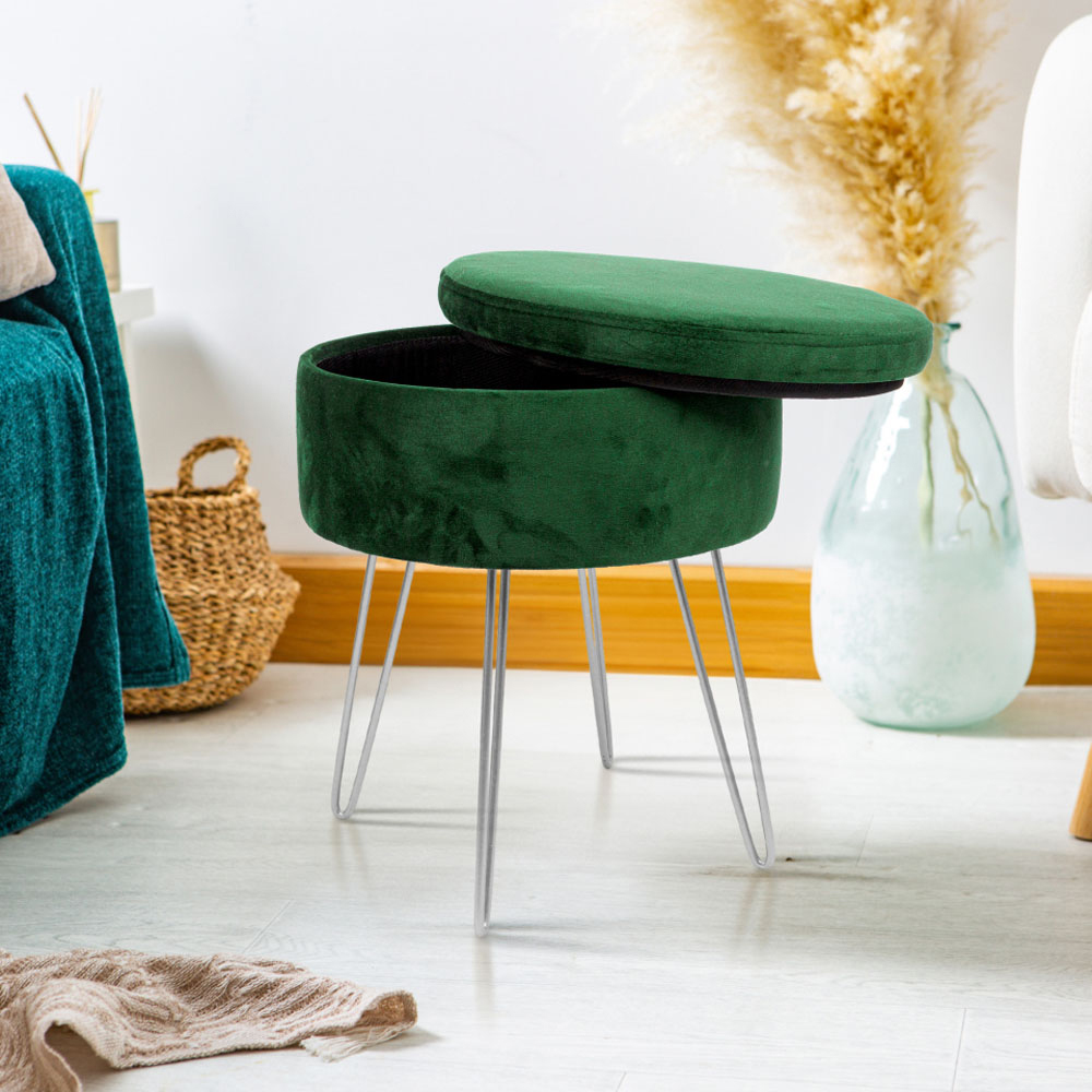 Harbour Housewares Green and Silver Velvet Round Footstool with Storage Image 4