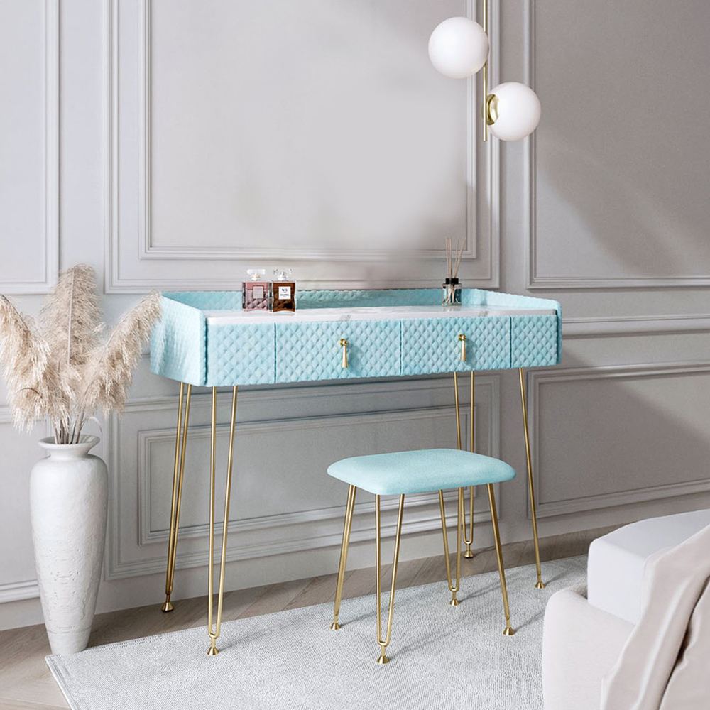 CARME Home Tokyo Glow Baby Blue Velvet Dressing Table with Stool Set Image 6