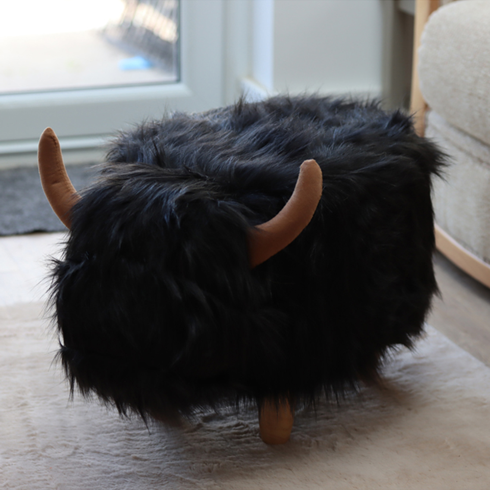 Gardeco Karlos The Highland Cow Black Synthetic Fur Footstool Image 1