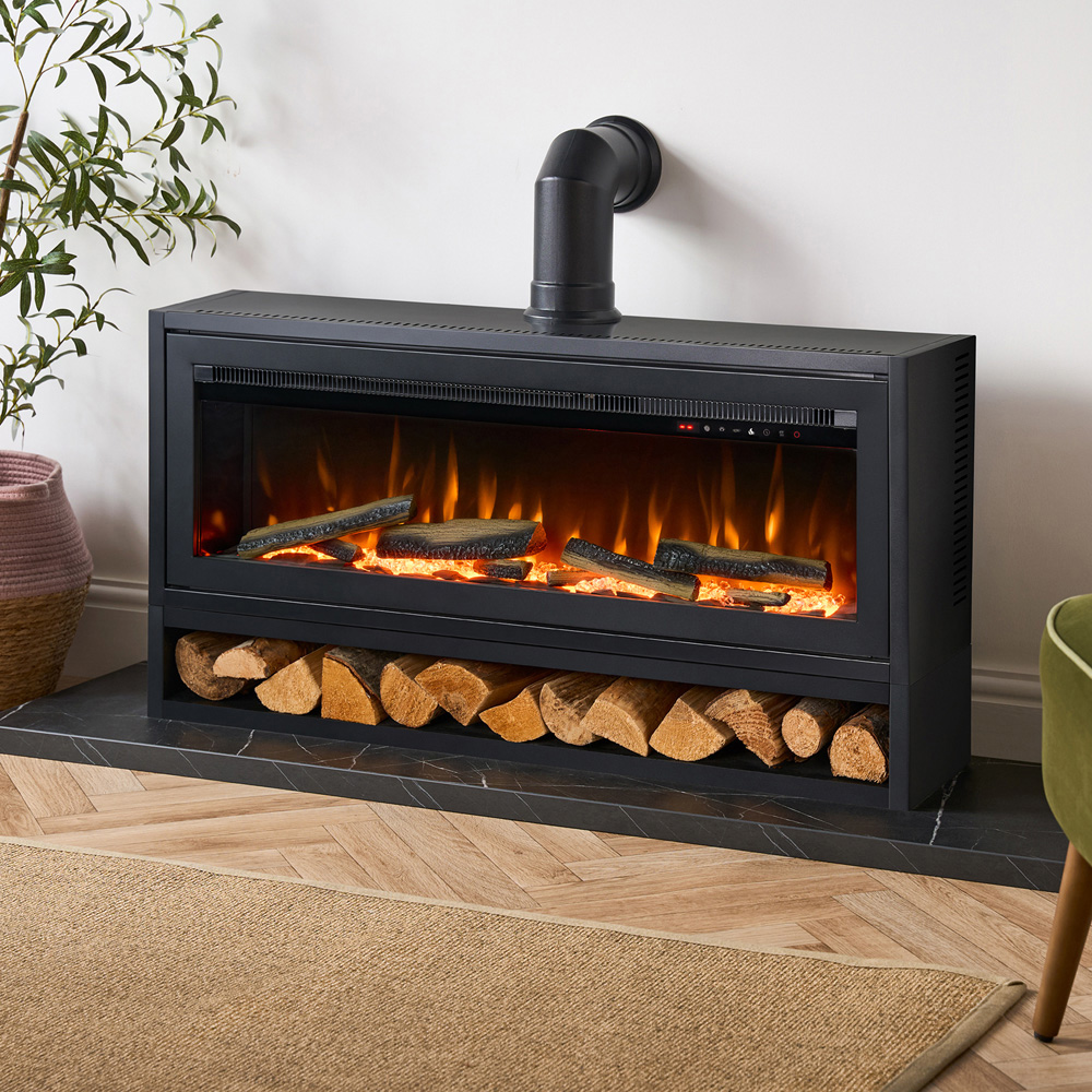 Acantha Vision Black Electric Media Stove with Log Store and Stove Pipe Image 2