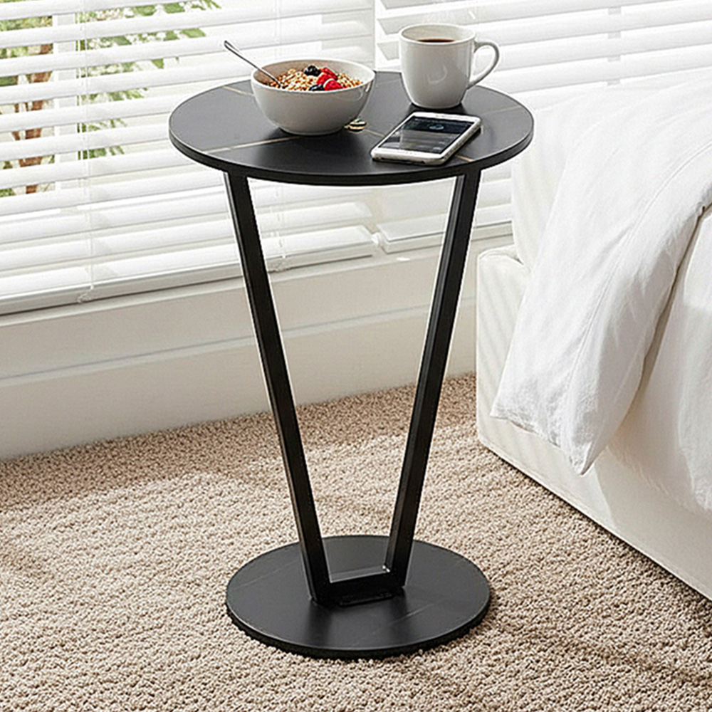 Living and Home Black Marble Effect Round Side Table with Steel Frame Image 1