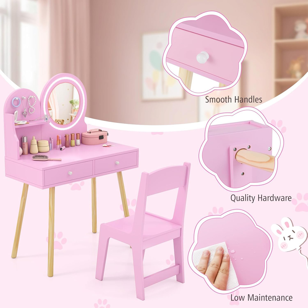 Costway 2 Drawer Pink LED Mirror Wooden Kid Vanity Set Image 8