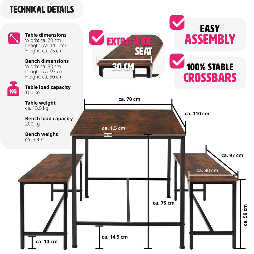 tectake Bolton 2 Seater Industrial Dark Wood Dining Set with Bench Image 9