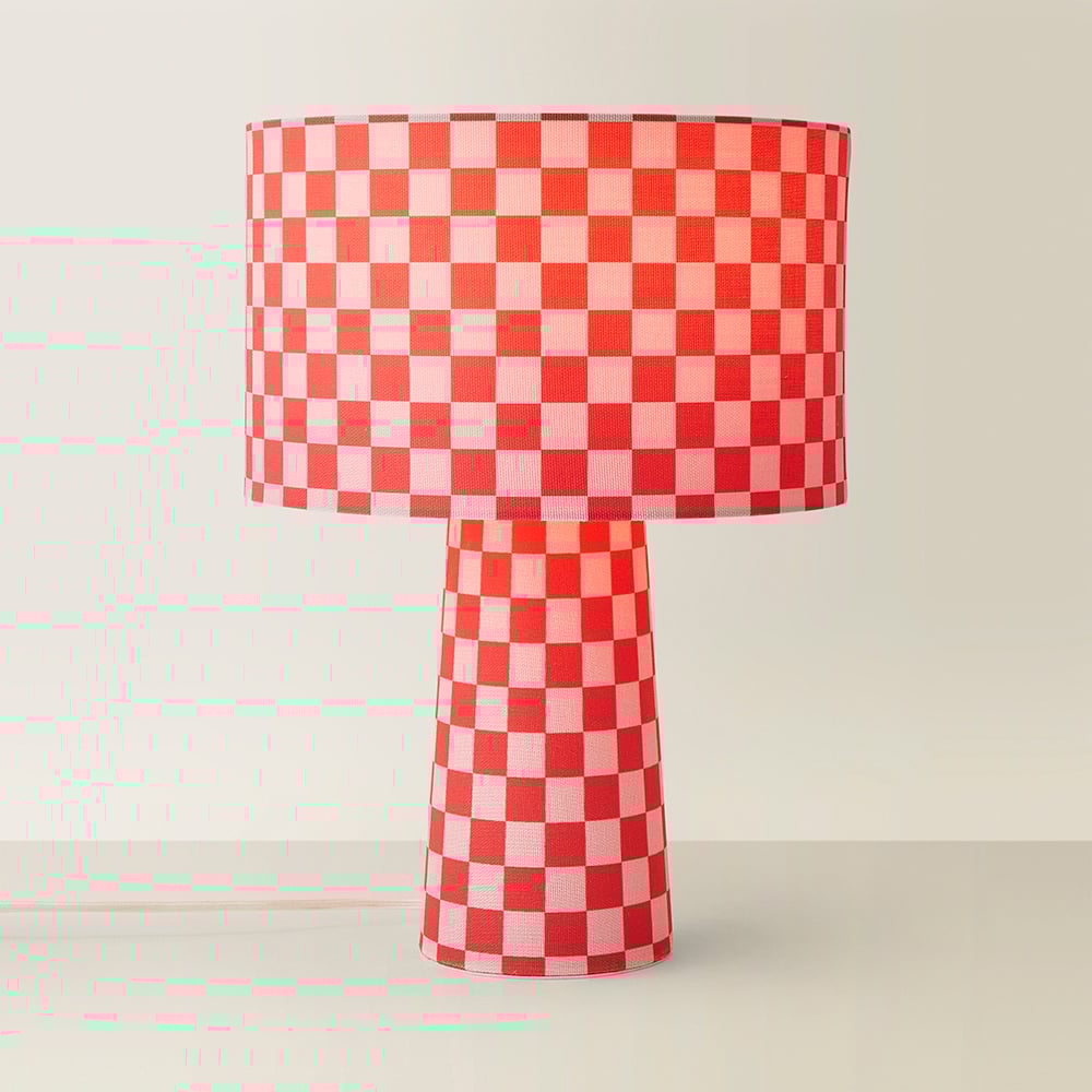 ValueLights Pritchard Pink Checkerboard Drum Shade Full Fabric LED Table Lamp Image 5