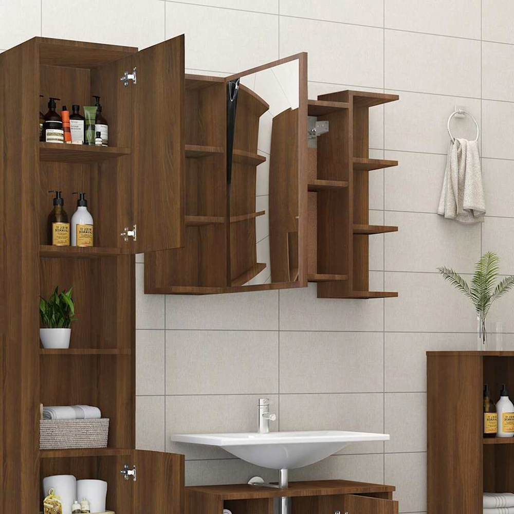 vidaXL Single Door 6 Open Shelf Brown Oak Mirrored Bathroom Cabinet Image 7