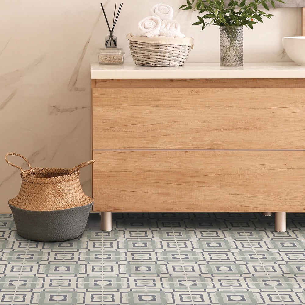 Floorpops Teal and Grey Posey Peel and Stick Floor Tile 30.48 x 30.48cm 10 Pack Image 5