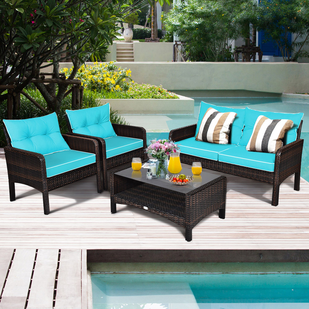 Costway 4 Seater Turquoise PE Rattan Patio Conversation Set Image 4