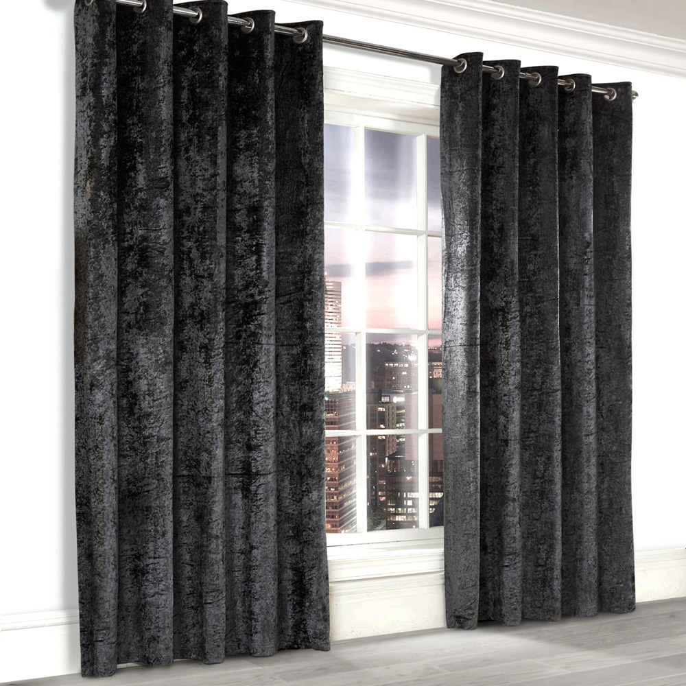 Alan Symonds Charcoal Crushed Velvet Ring Top Eyelet Curtains 168 x 183cm Image 1