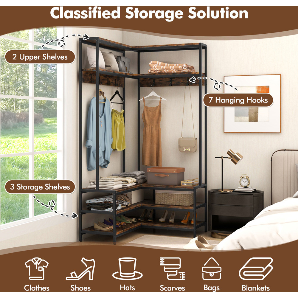 Costway 4 Shelf Rustic Brown L-shaped Clothes Corner Garment Rack with 7 Hooks Image 5