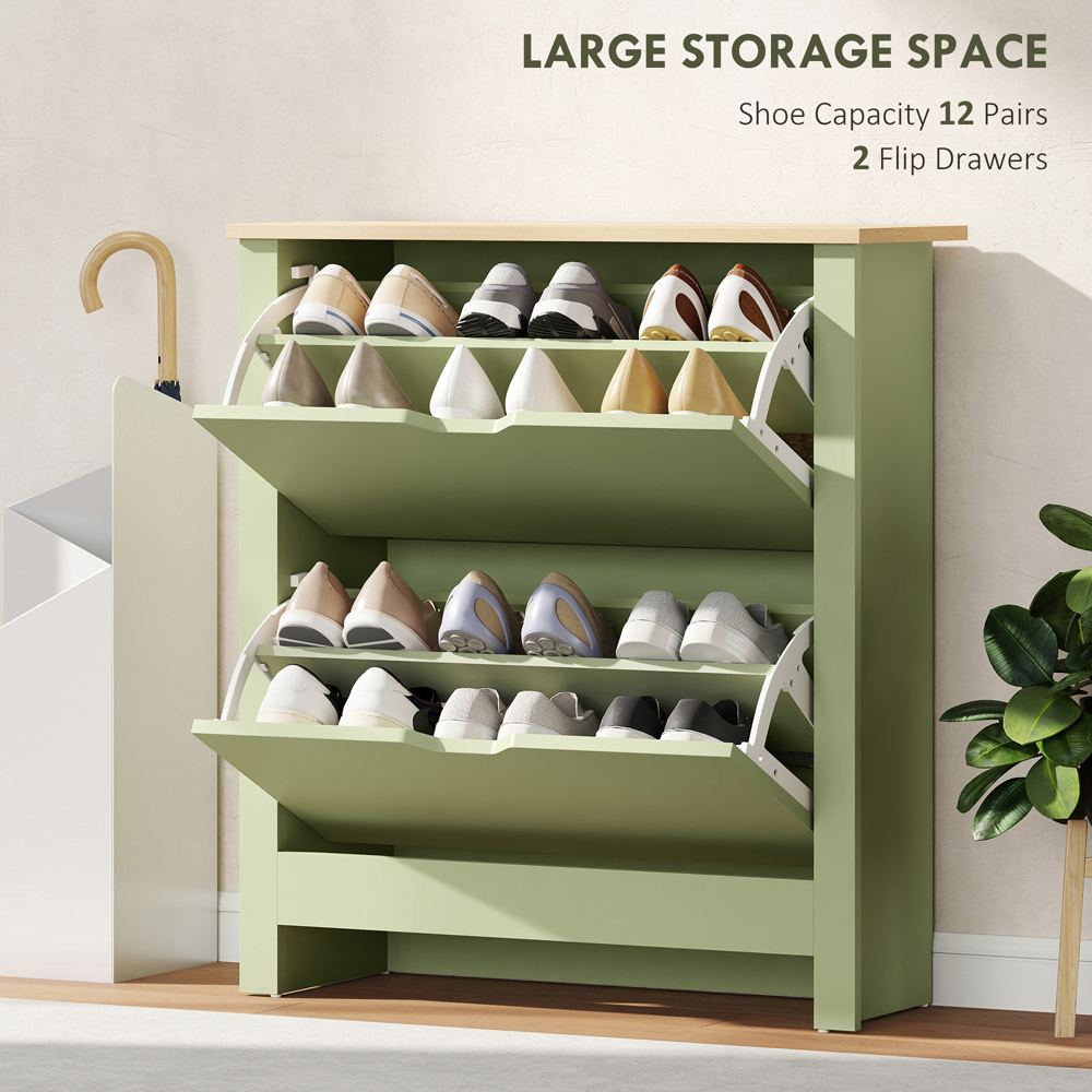 HOMCOM 2 Flip Down Drawer Charcoal Green Shoe Cabinet Image 4