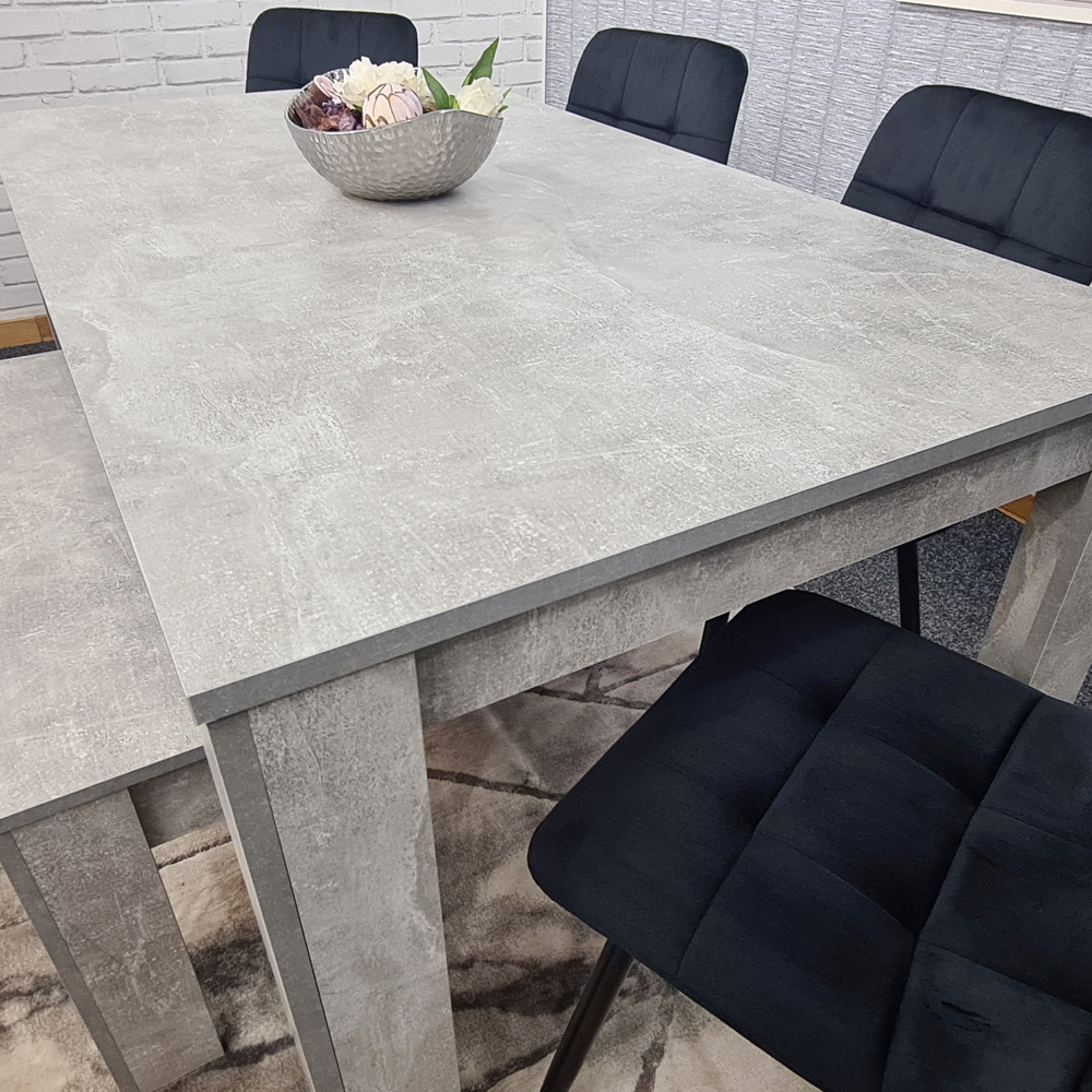 Portland Velvet 6 Seater Dining Set with Bench Stone Grey and Black Image 2