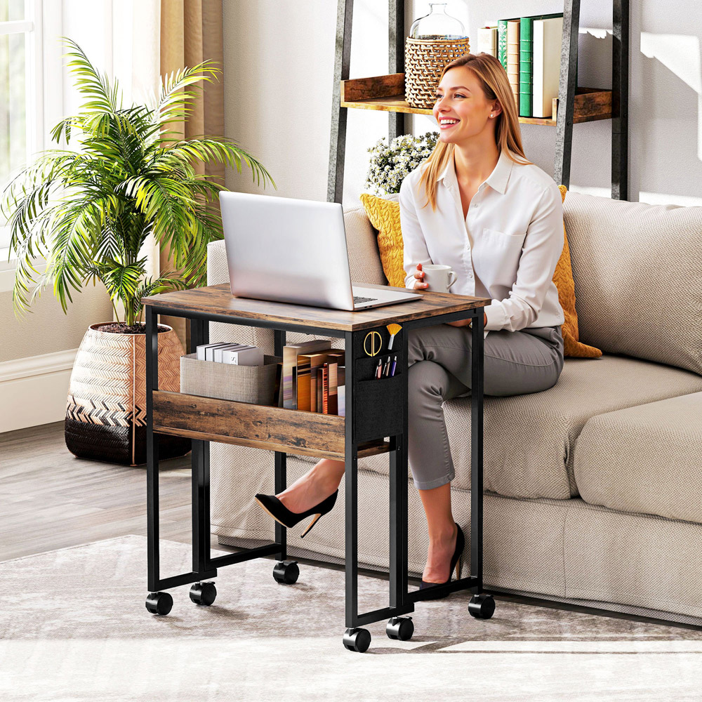 HOMCOM Single Shelf Foldable Computer Desk with Wheels and Side Bag Rustic Brown Image 3
