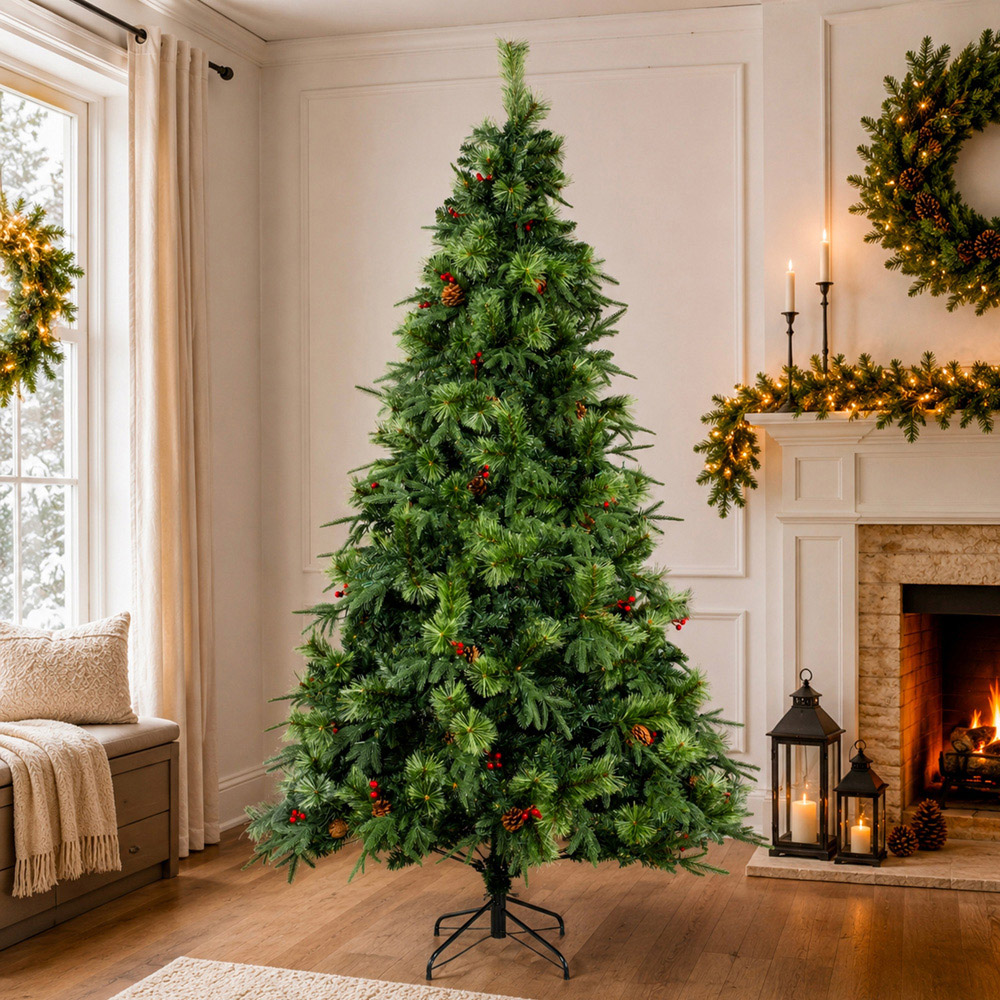 Abrihome Green Artificial Christmas Tree with Blooming Pine Needles Berries and Pinecones 6.5ft Image 2