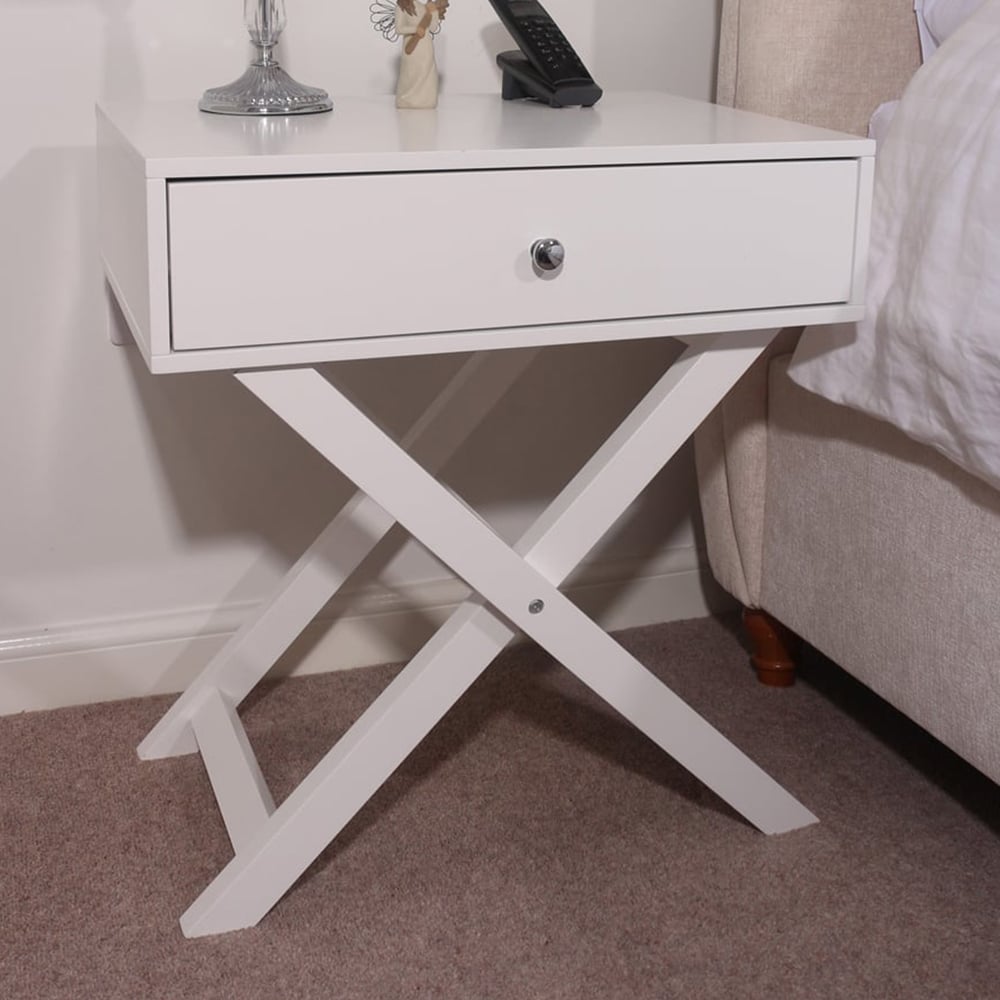 Leighton Single Drawer White X Legs Bedside Table Image 1
