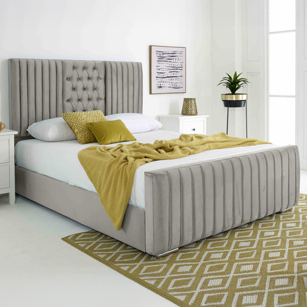 Eleganza Gracie King Size Silver Plush Velvet Bed Frame with Lined Headboard Image 1