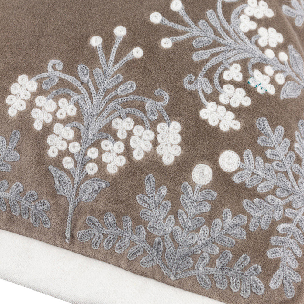 Paoletti Winter Bloom Embroidered Taupe Cotton Velvet Cushion 50 x 50cm Image 4