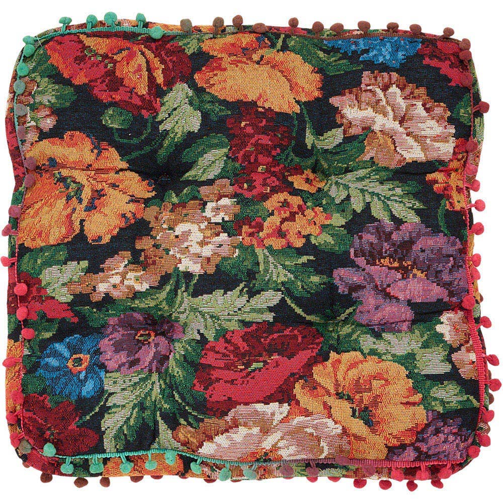 Living and Home Black Vintage Floral Embroidered Tatami Seat Cushion with Pom Poms 40 x 40cm Image 3