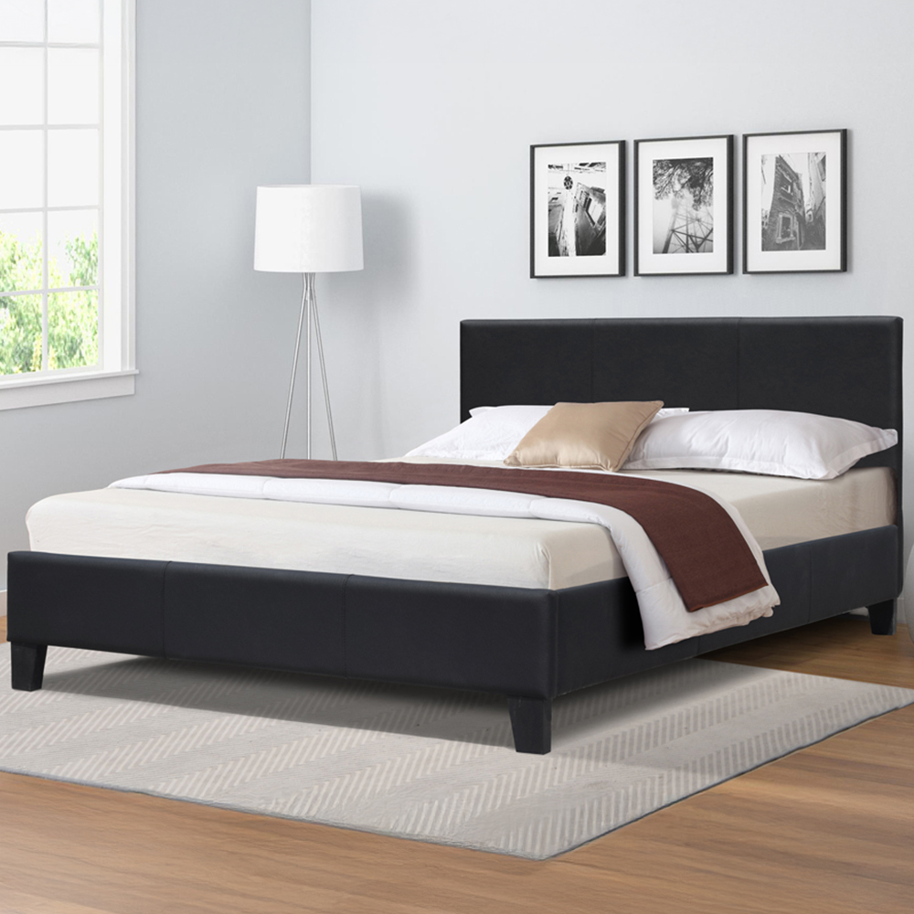 Comfy Living Small Double Black Faux Leather Bed Frame with Padded Headboard Image 1