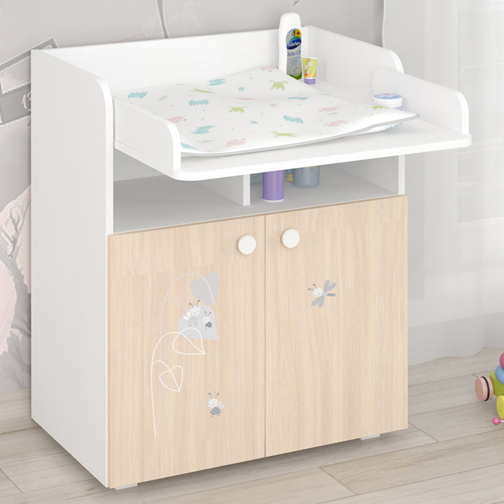 Kudl 700 Kids 2 Door 2 Shelf White and Pastel Oak Amis Dresser with Changing Board Image 1