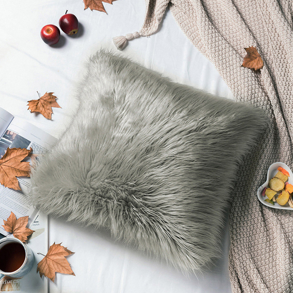 Living and Home Grey Square Fluffy Faux Fur Throw Cushion Cover 45 x 45cm Image 4