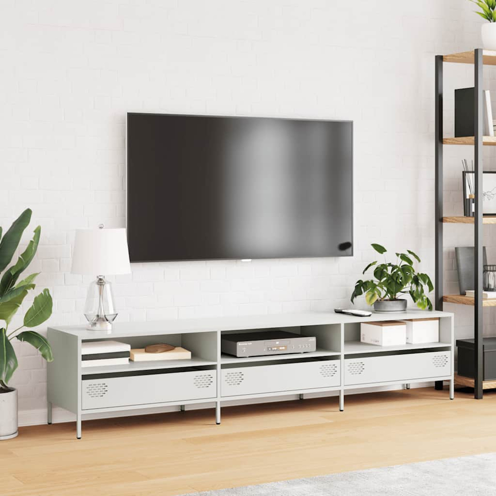 vidaXL 3 Drawer 3 Shelf White Steel Wide TV Cabinet Image 9