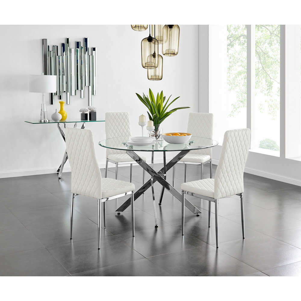 Furniturebox Arona Valera Glass 4 Seater Round Dining Set Chrome and White Image 9