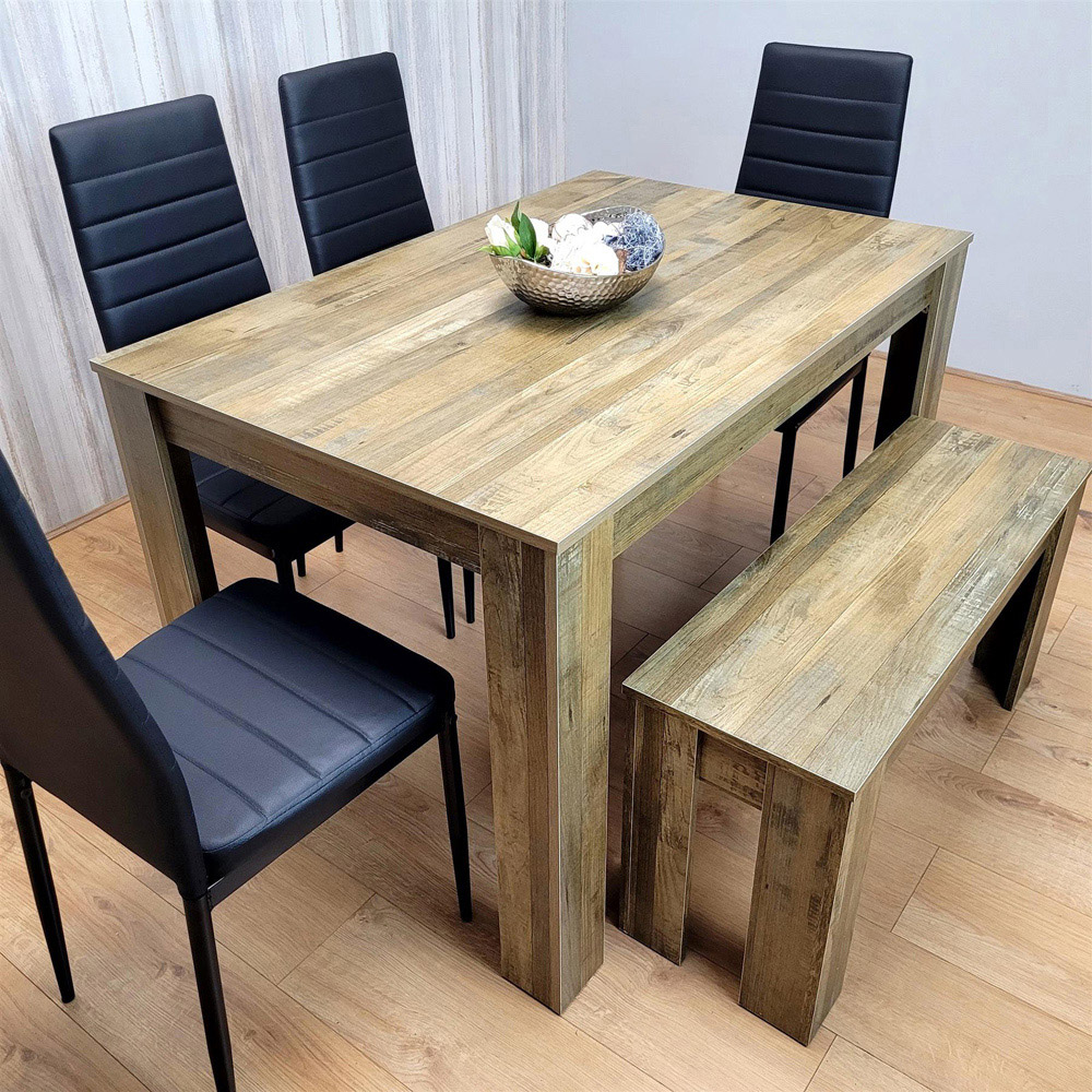 Portland 6 Seater Leather Dining Set Wood Effect and Black with Bench Image 3