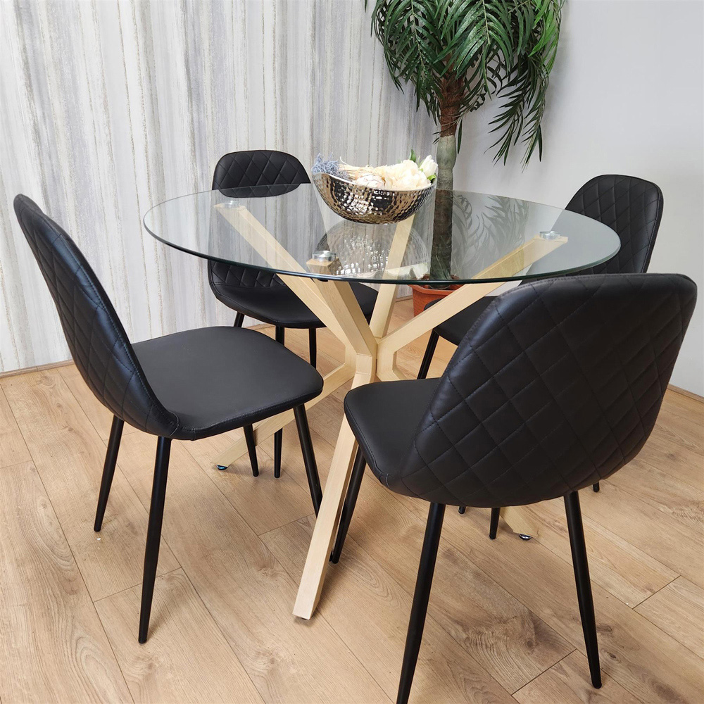 Kosy Koala 4 Seater Glass and Faux Leather Gem Pattern Round Dining Set Black Image 2