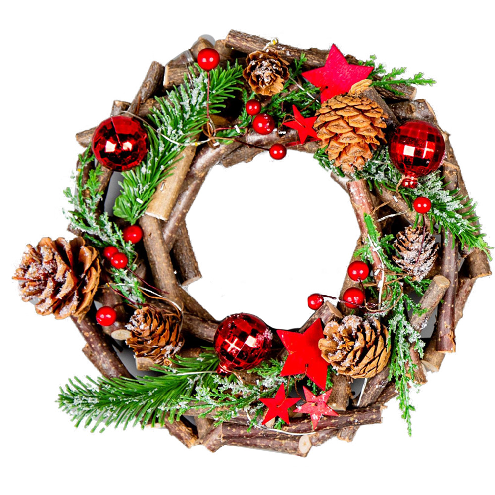 Shatchi Christmas Wreath with Twigs Micro Rice and Red LED 0.7ft Image 1