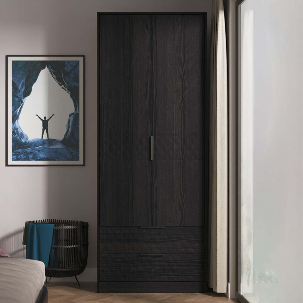 Crowndale Harlequin 2 Door 2 Drawer Black Ash Tall Wardrobe Ready Assembled Image 1
