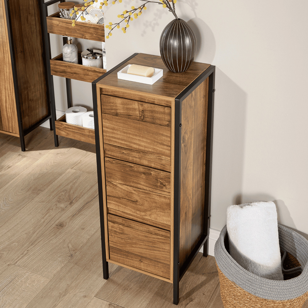 Home Source Locastra 3 Drawer Oak and Black Bathroom Floor Cabinet Image 5