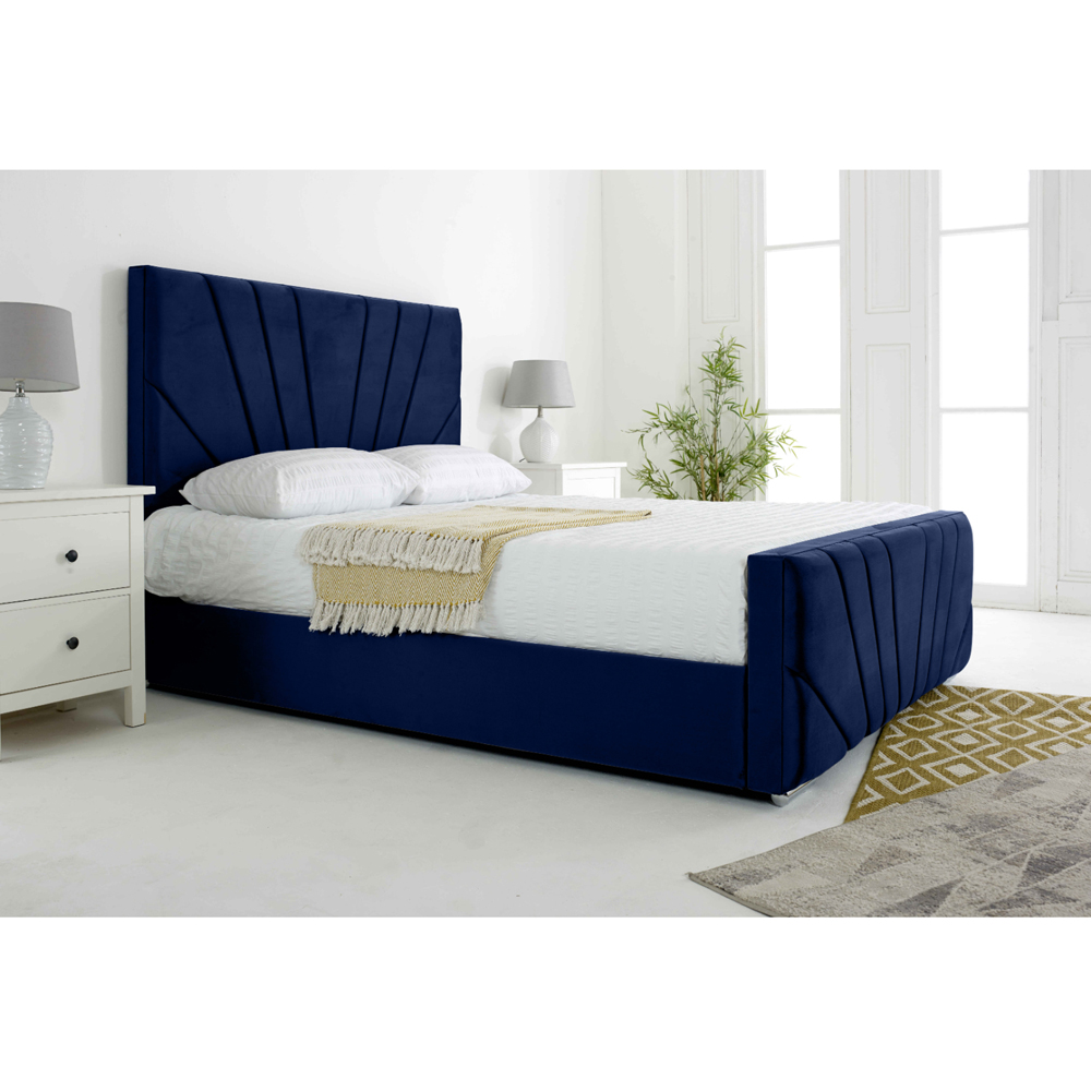 Eleganza Scarlett Double Blue Plush Velvet Bed Frame with Headboard and Footboard Image 3