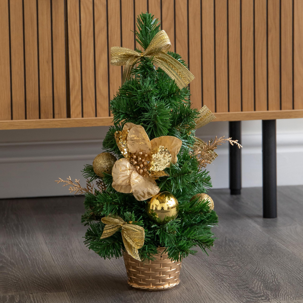 Samuel Alexander Gold Bauble Ribbons Poinsettias Fir Mini Christmas Tree 1ft Image 2