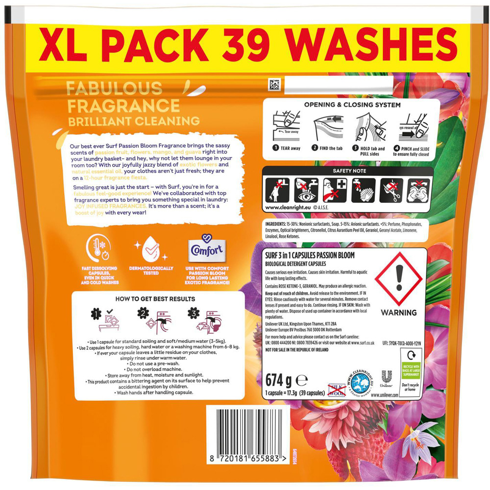 Surf 3-in-1 Passion Bloom Washing Capsules XL 39 Washes 3 Pack Image 4