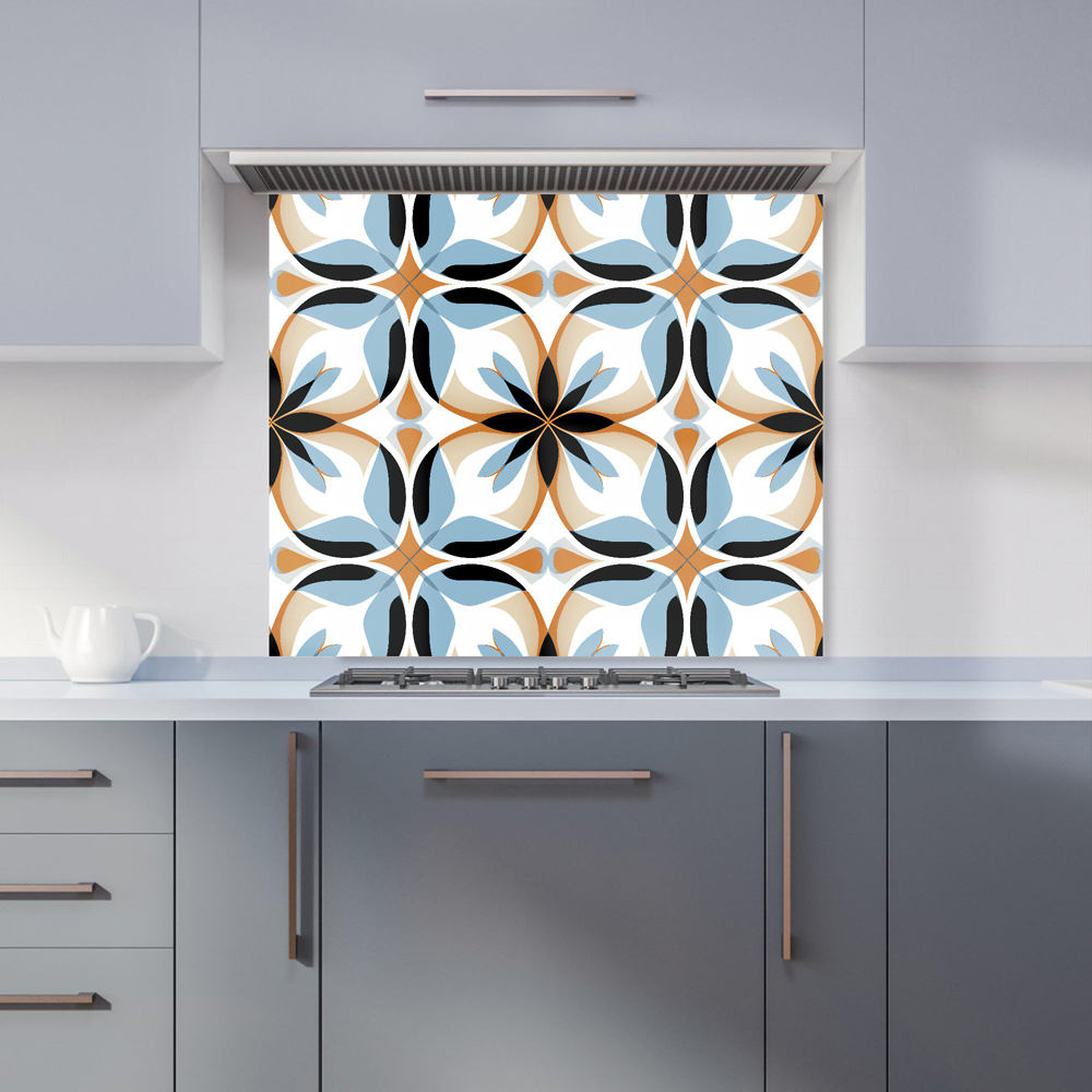 Warren Reed Designer White Brown and Blue Geometric Pattern Glass Kitchen Splashback 75 x 90cm Image 1