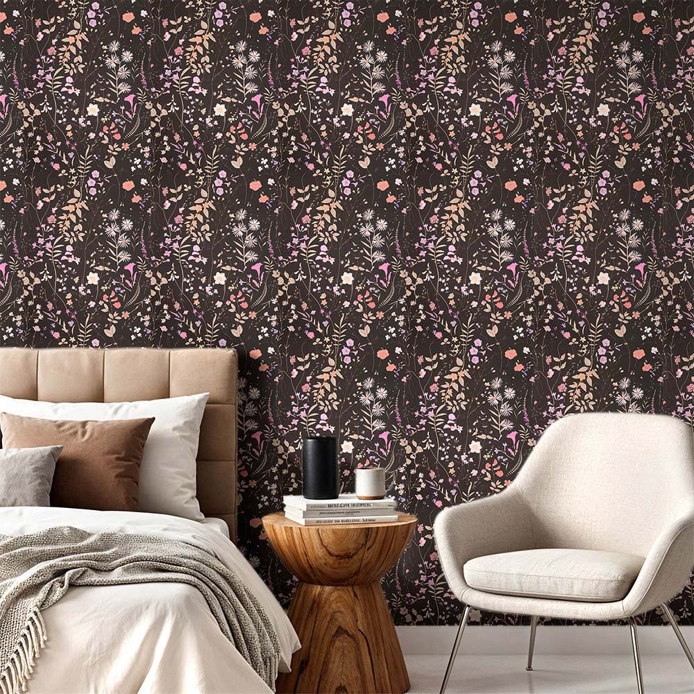 Living and Home Floral Pattern Black and Multicolour Peel and Stick Wallpaper Image 7
