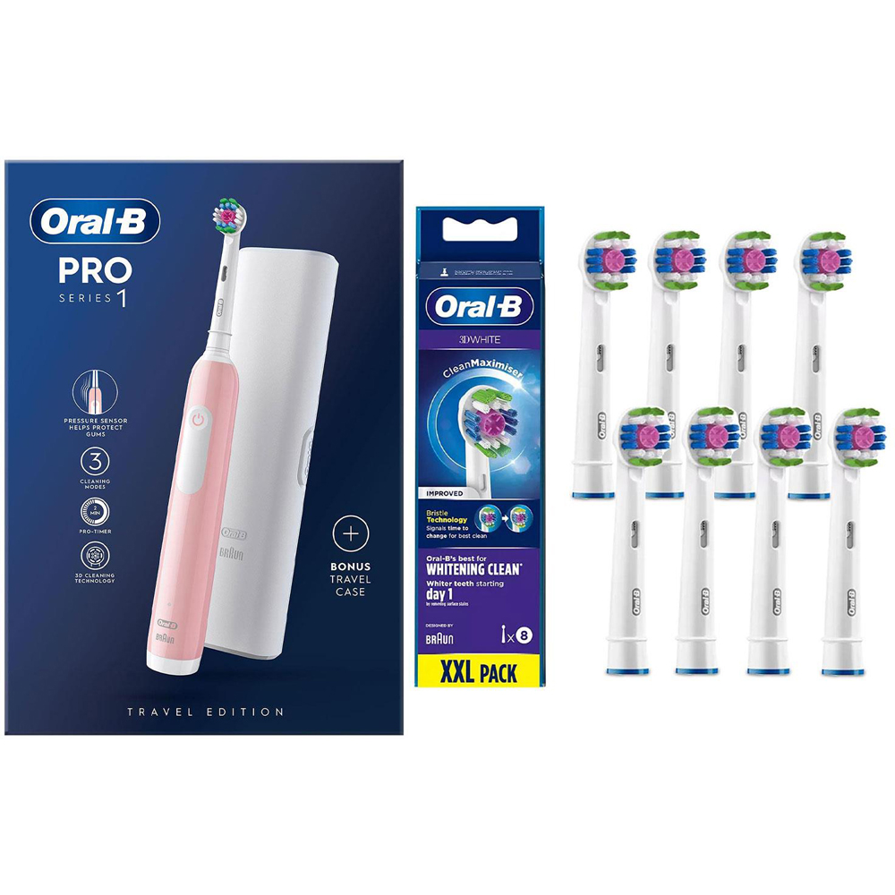 Oral-B Pro 1 Pink Electric Rechargeable Toothbrush with 8 3D White Refill Head Image 1