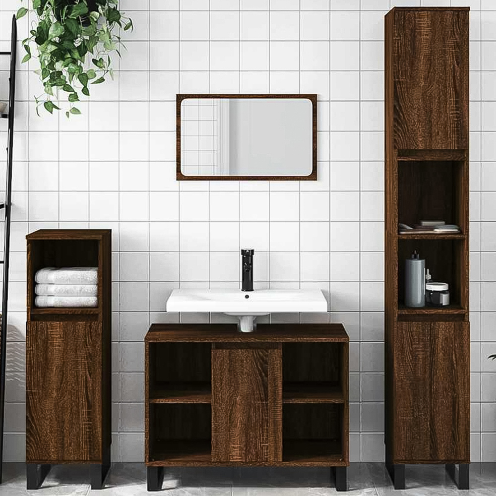 vidaXL Single Door 4 Shelf Brown Oak Freestanding Under Sink Bathroom Cabinet Image 1