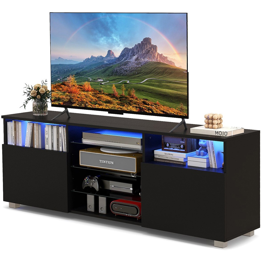 Costway 2 Door 6 Shelf Black TV Unit with LED Image 2