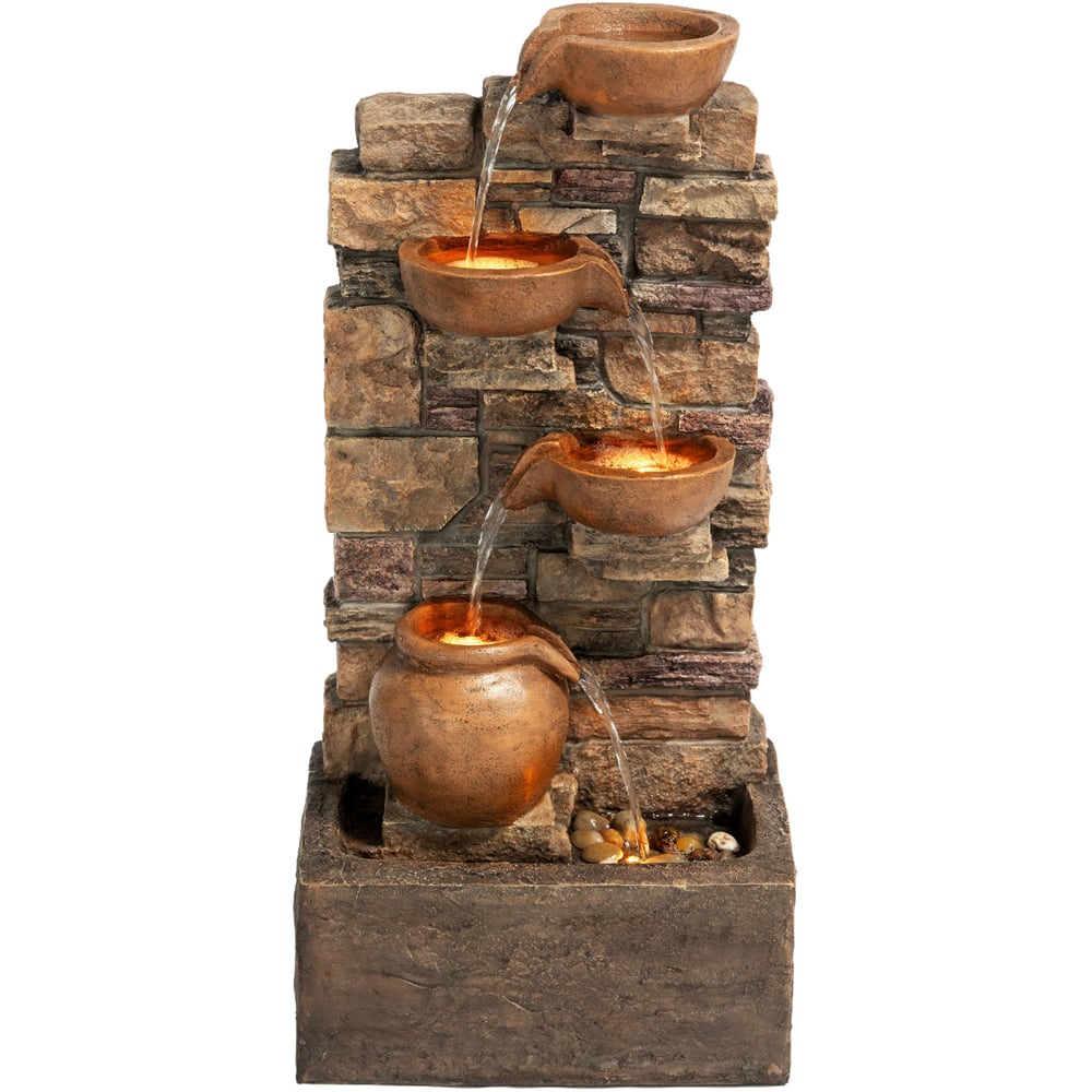 Teamson Home 4-TierLED Brown Cascading Bowl Stacked Stone Outdoor Waterfall Fountain Image 1