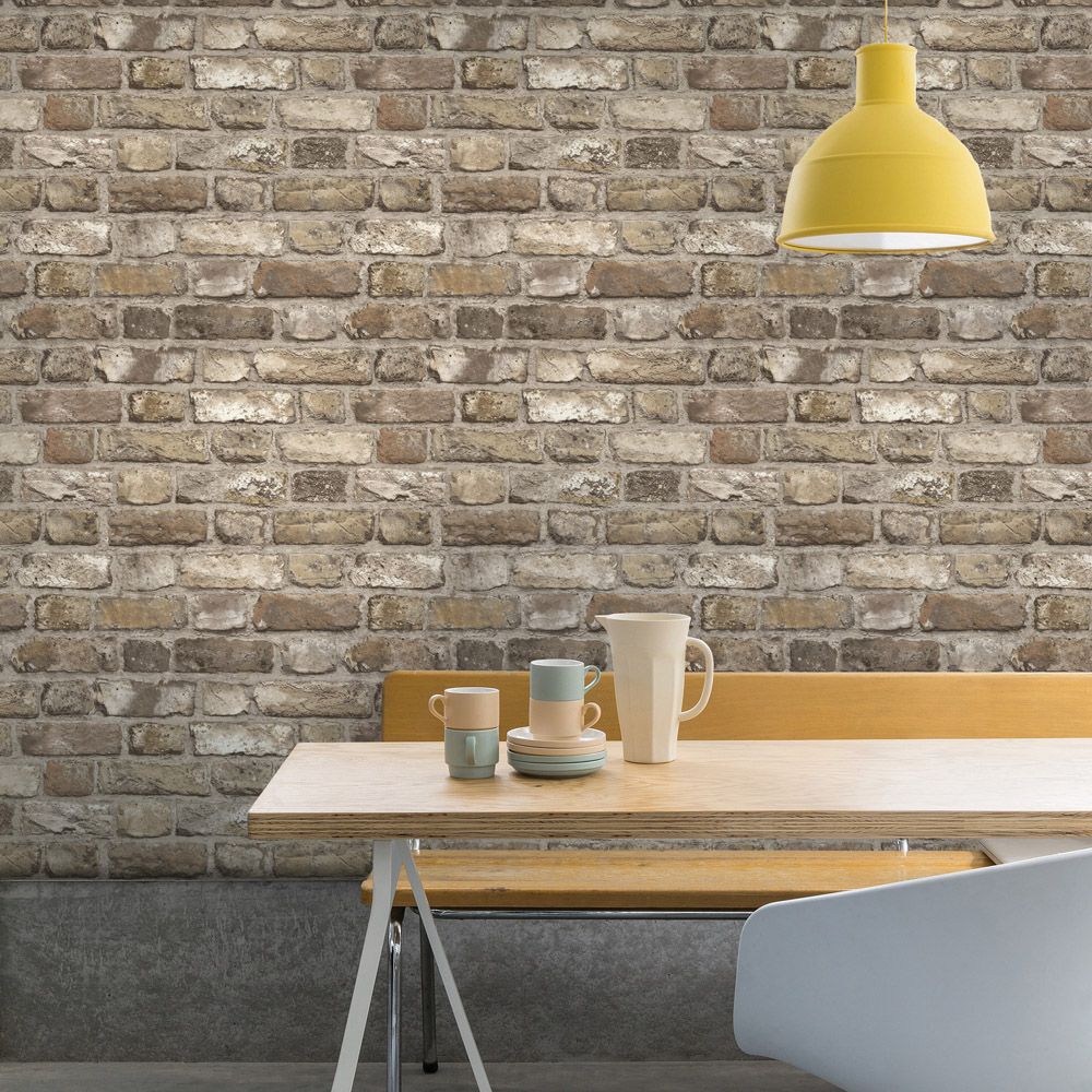 Grandeco Vintage Brick Wall Textured Neutral Wallpaper Image 2